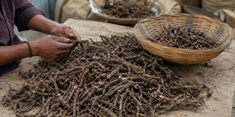 Bulk Nagarmotha roots stored in warehouse